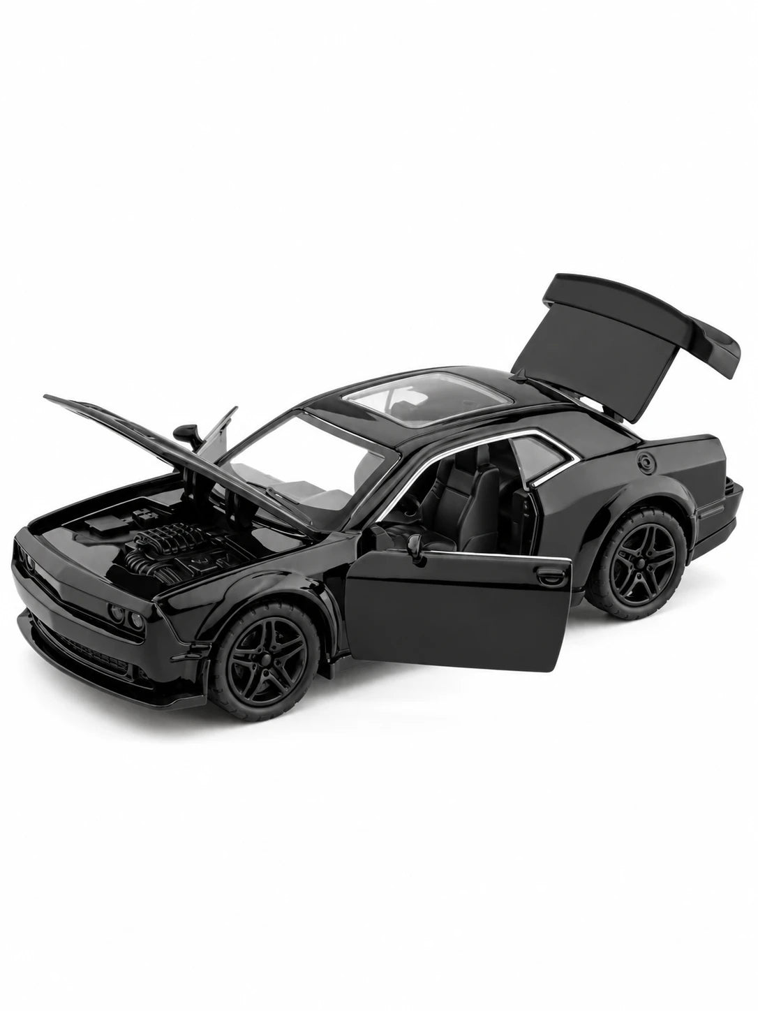 Black diecast car model with hood, door and boot open