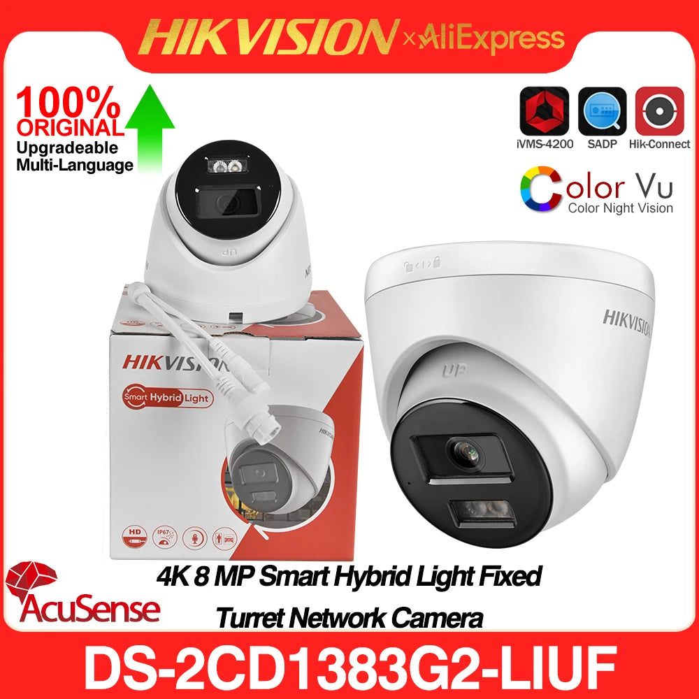 Hikvision Original 4K 8MP IP Camera DS-2CD1383G2-LIUF AcuSense Smart Hybrid Light Built-in MIC Slot Security Network Camera IP67