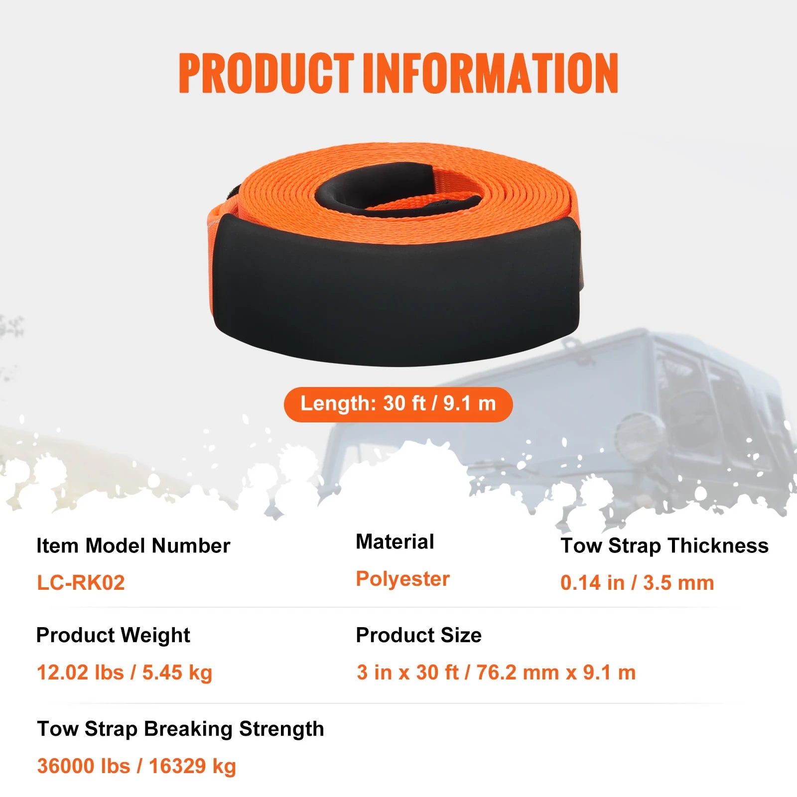 Sada pro vyproštění s tažným popruhem 30 stop, nosnost 36000 lb, pro nákladní auta a SUV