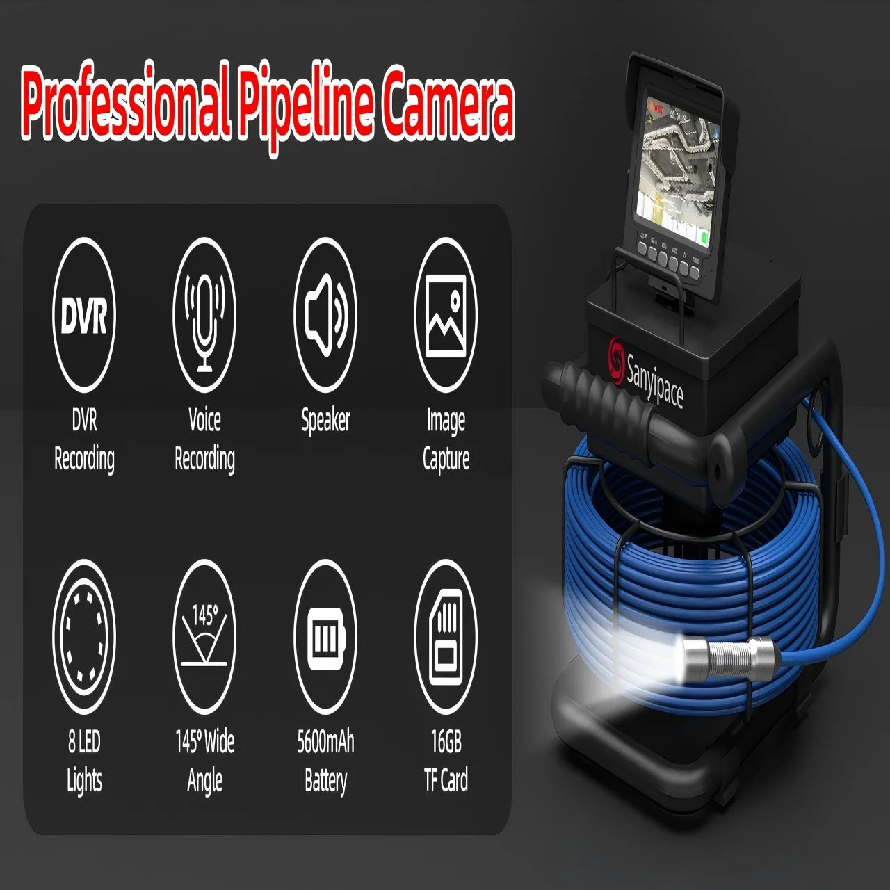 Rioolinspectiecamera 17mm LED Endoscoop met 4,3" Scherm en DVR