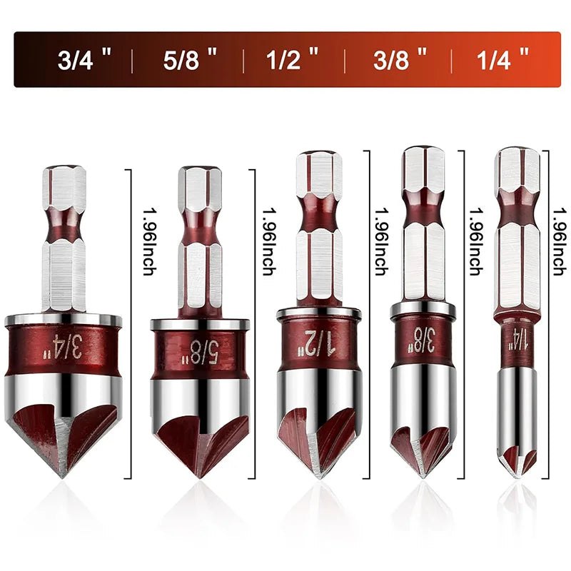 5Pcs Countersink Drill Bit Set With Drill Bit 82-Degree 5 Flutes Quick-Change Hex Shank Counter Sink Bits For Wood Metal Plastic
