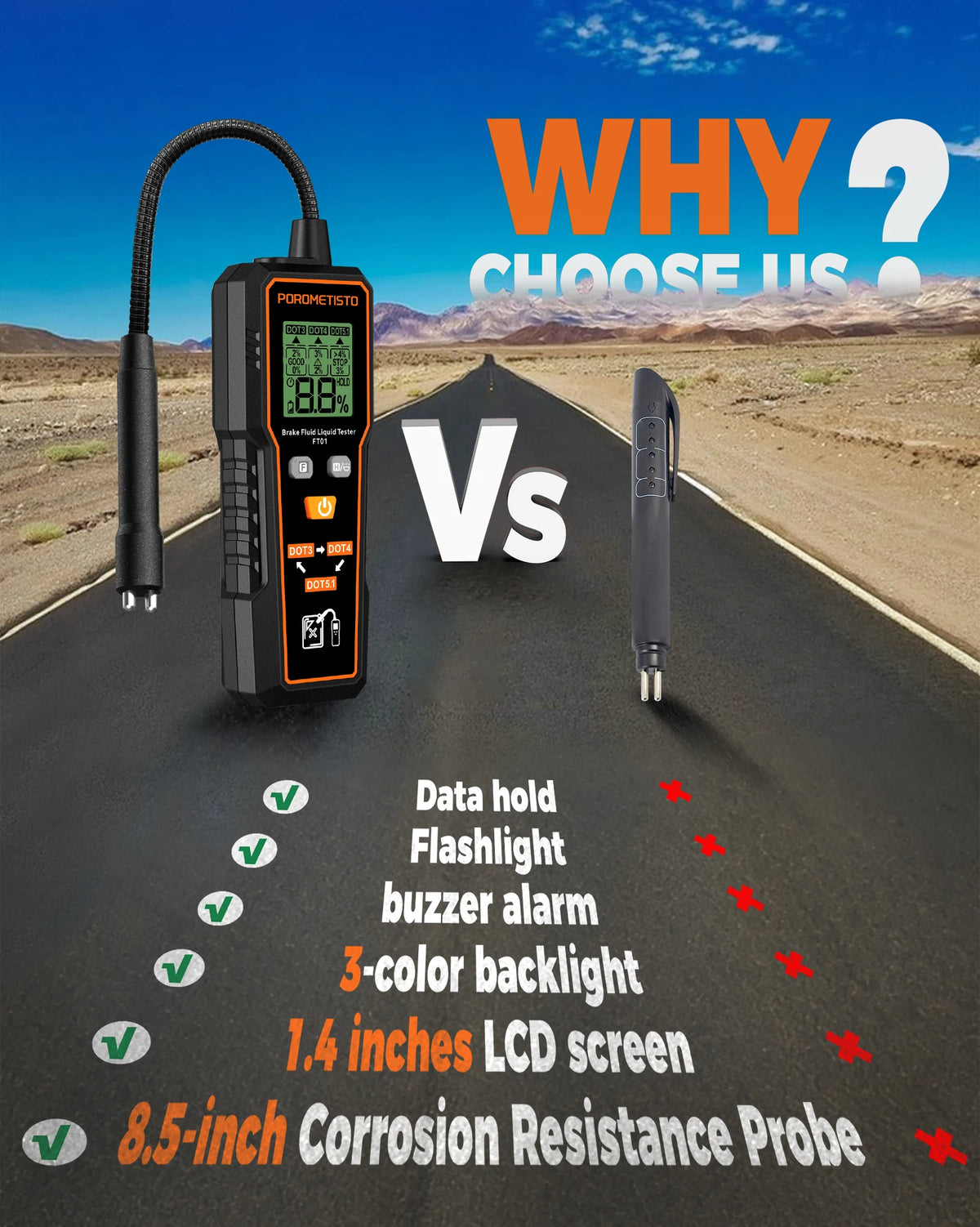 FT01 Automotive Brake Fluid Brake Oil Tester Portable Digital Brake Fluid Tester DOT3/DOT4/DOT5.1 Test With Flexible Probe