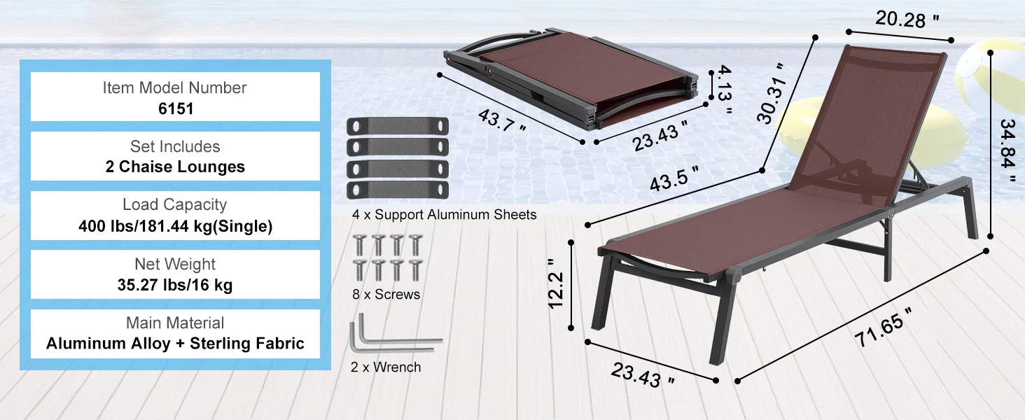 SucceBuy Garten-Liegesessel aus Aluminium, Outdoor-Patio-Liegesessel, klappbar, Pool-Liegesessel, voll flach, für Terrasse, Strand, Pool, Dunkelgrau
