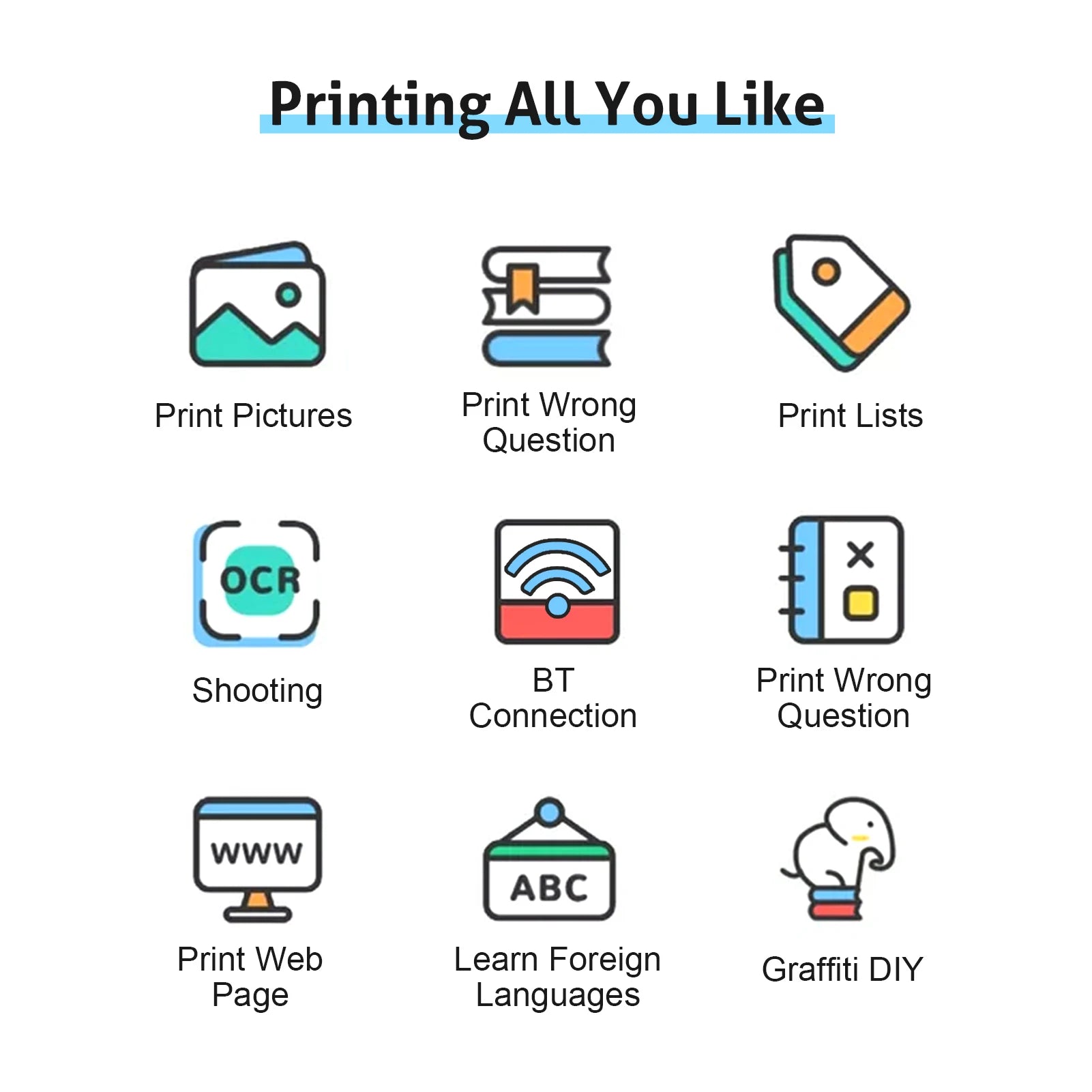 Portable Mini Thermal Printer Wirelessly BT 203dpi Photo Label Memo Wrong Question Printing With USB Cable Imprimante Portable