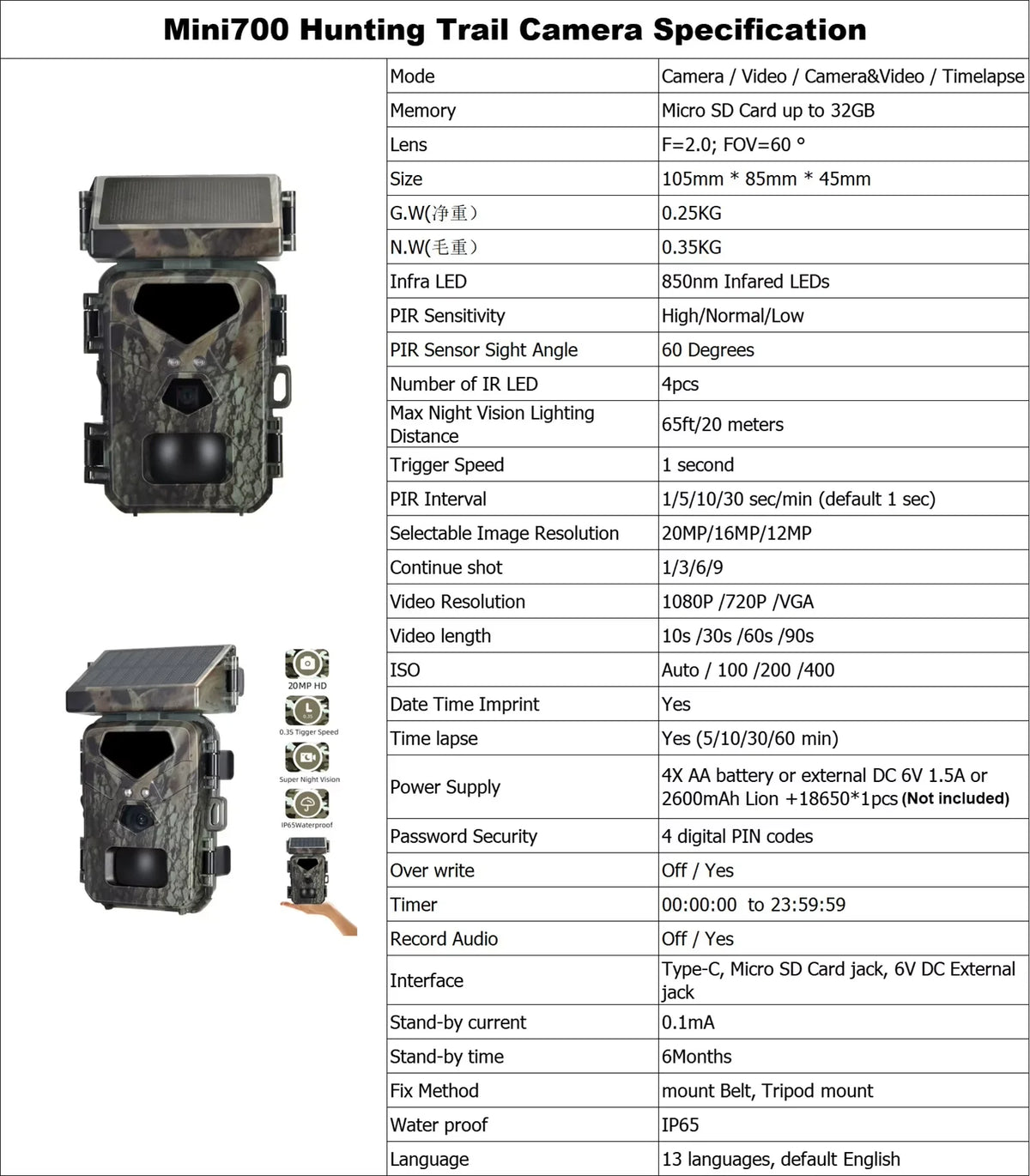 Mini Solar Trail Camera, 20MP 1080P Night Vision IP65 Waterproof, 0.5s Trigger Deer Scouting Wildlife Monitoring Outdoor - Spy-shop.com