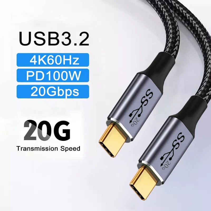 Cable USB C a USB C, carga rápida PD de 100W, 5A, transmisión de datos de alta velocidad de 20Gbps, USB 3.2 Gen 2, 4K a 60Hz, cable de audio macho