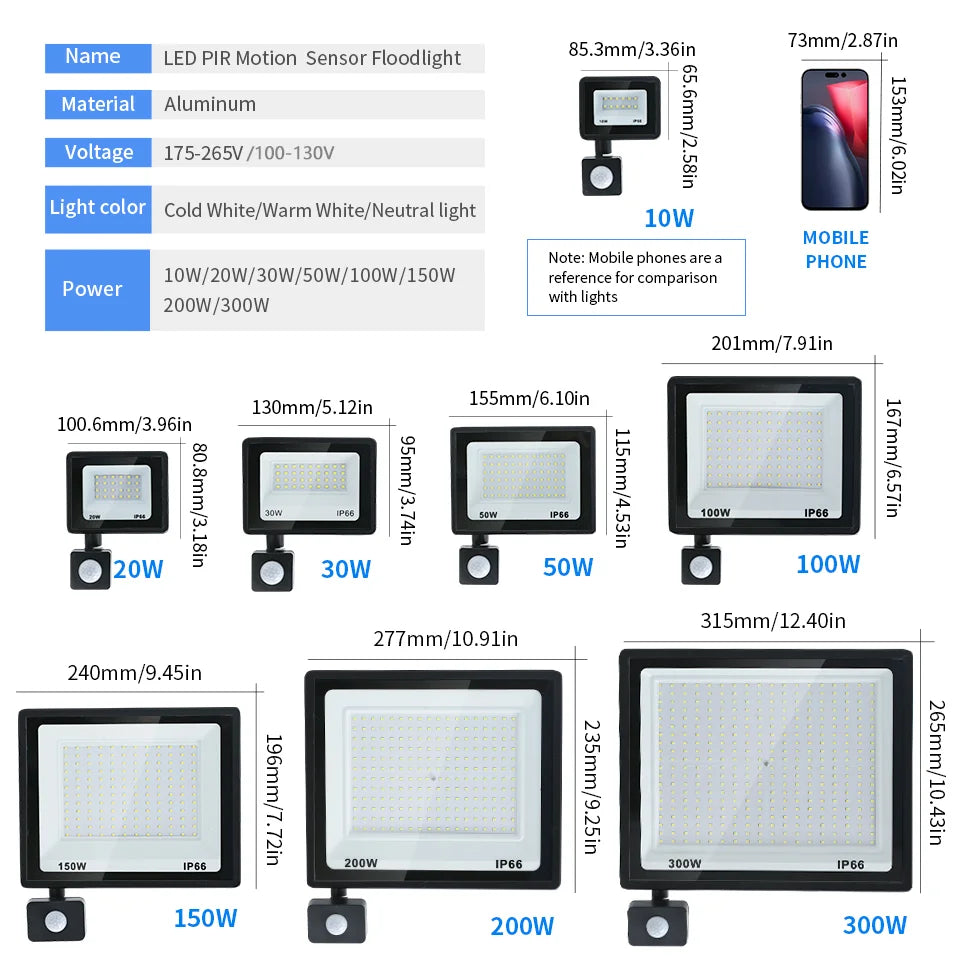 Proiector LED cu senzor de mișcare PIR, opțiuni de 10–300W