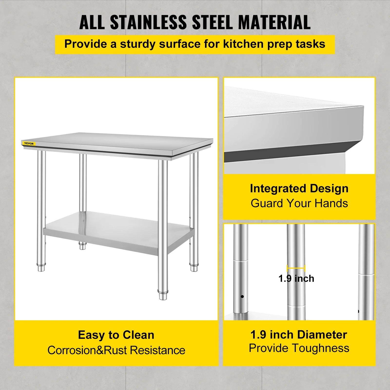 Stainless Steel Kitchen Prep Table with Undershelf, 286–330 lb Capacity