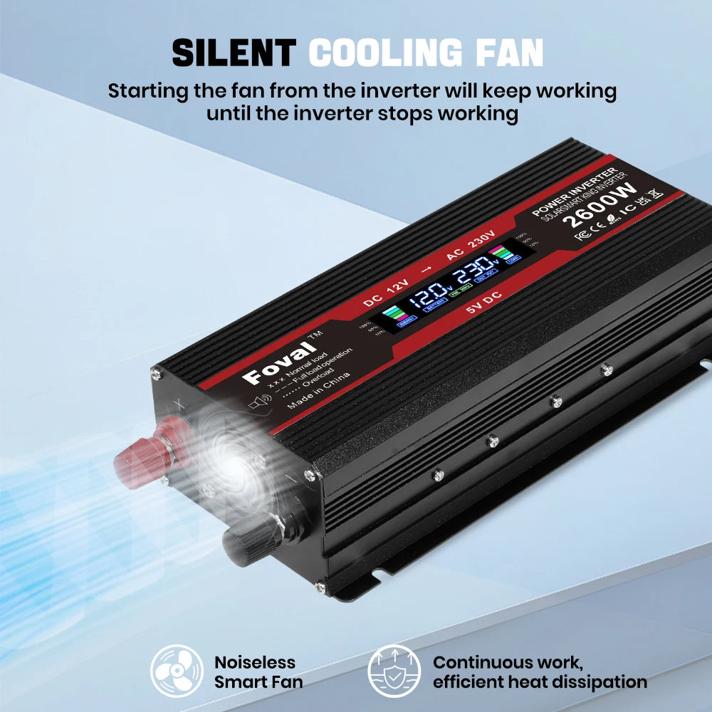 Мощен инвертор 1500W/2000W/2600W/3000W с LCD дисплей DC 12V към AC 220V, соларен, с 2 USB порта, автомобилен трансформатор, конвертор, EU щепсел, модифицирана синусоида 50Hz