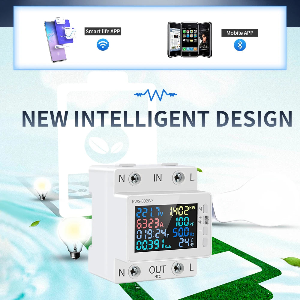 Tuya WiFi 8in1 Power Meter 2P AC Energy Meter APP Control 170-270V/63A Voltage and Current Meter Electricity Meter Smart Life