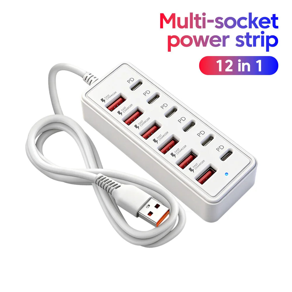 Σταθμός φόρτισης USB 12 σε 1, 6 USB-A, 6 USB-C, ταχυφορτιστής πολλαπλών θυρών, πολύπριζο με καλώδιο HUB για το σπίτι και το γραφείο