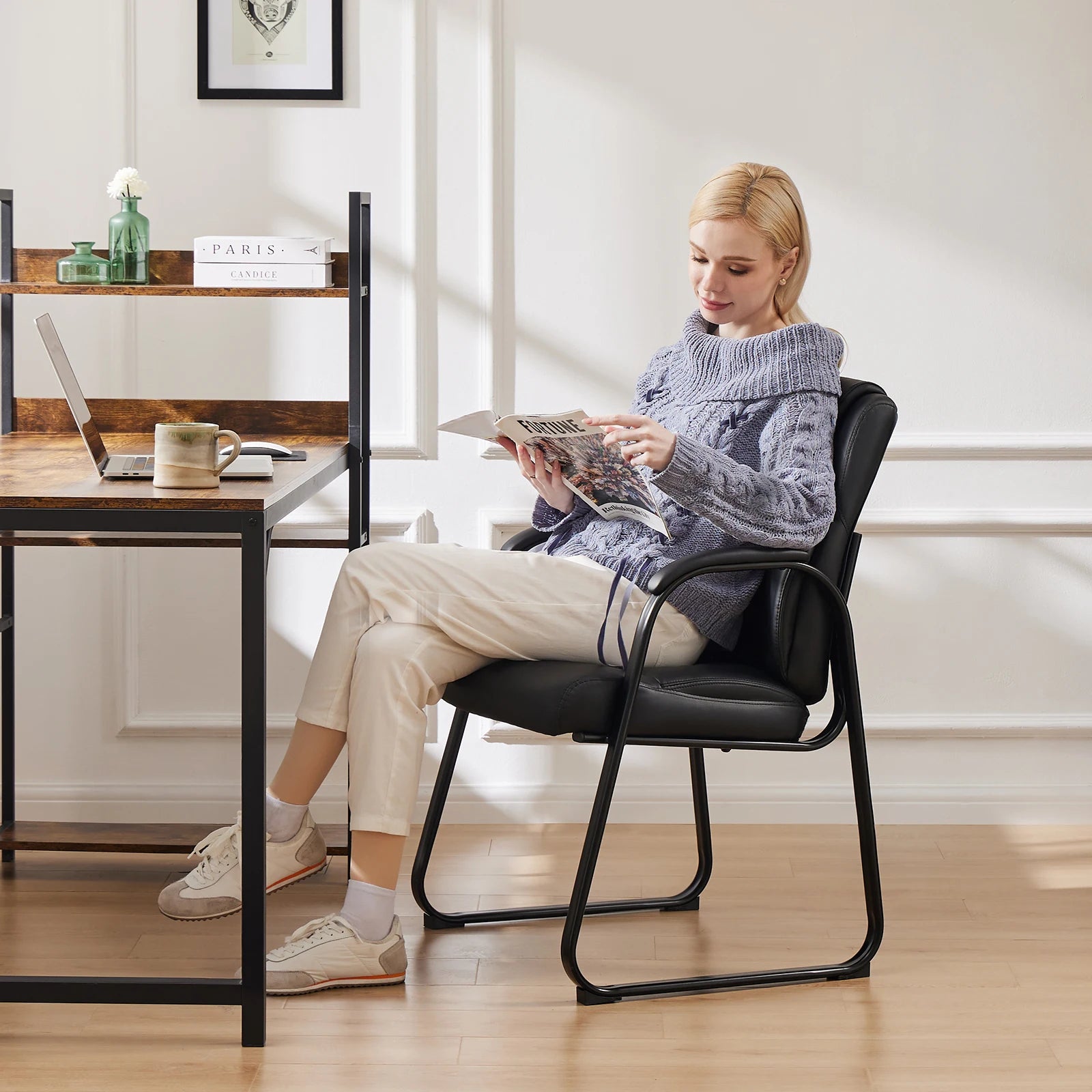 Ergonomic PU Leather Office Guest Chair with Padded Arms and Backrest