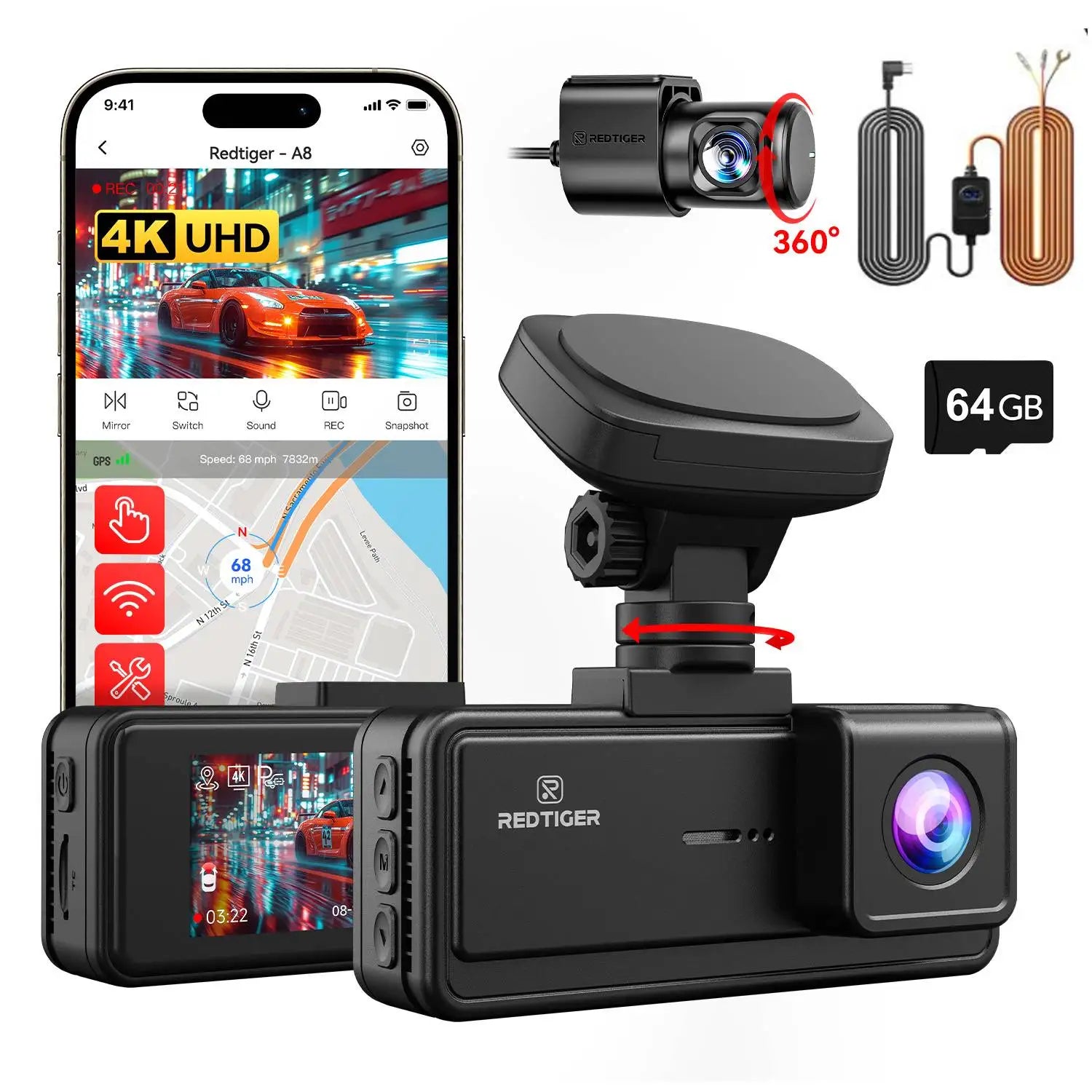 REDTIGER A8 4K+1080P Dash Cam with GPS, WiFi, Touch Screen