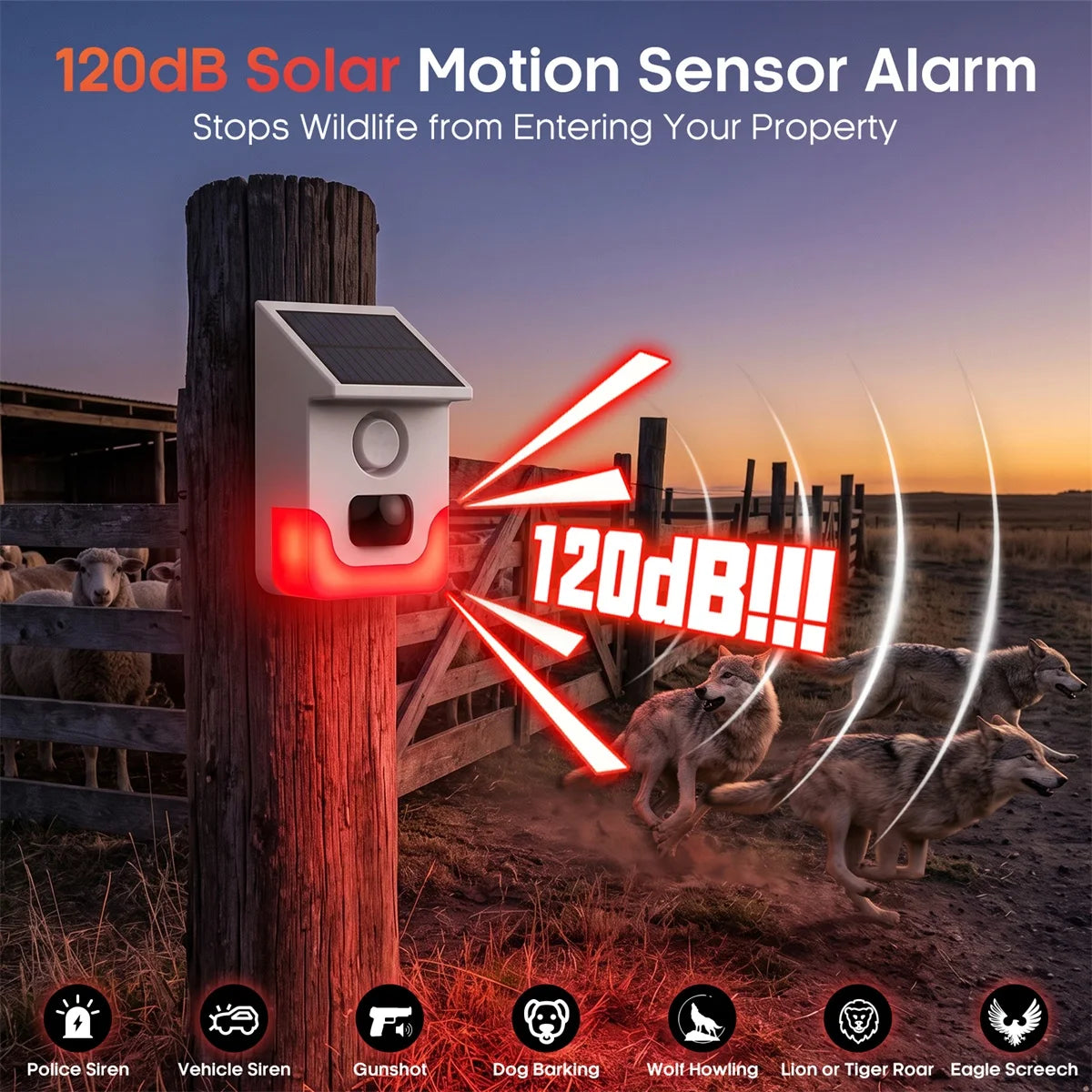 120° Detection Solar Alarm 120dB 4 Working Modes Solar-powered PIR Motion Detection Alarm For Home Courtyard Security