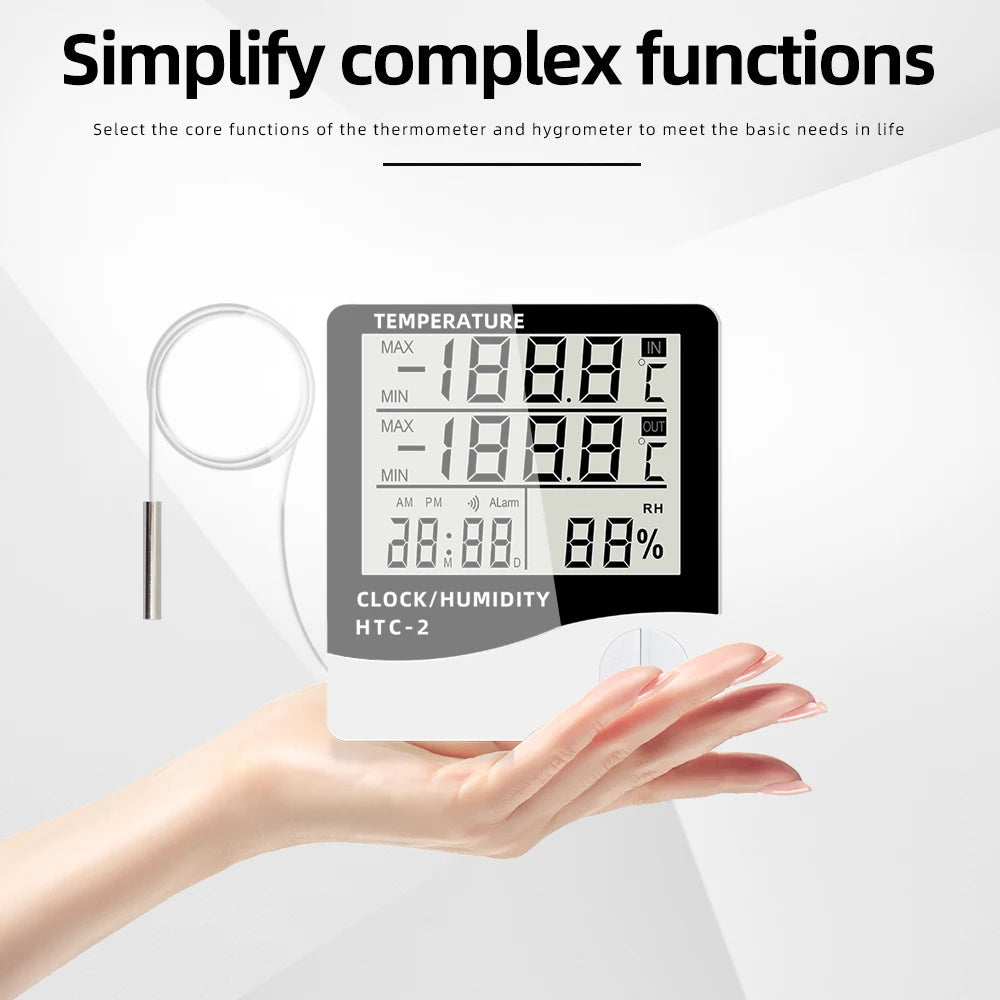 LCD Digital Temperature Humidity Meter HTC-2/HTC-1 Home Indoor Outdoor Hygrometer Thermometer Weather Station with Clock