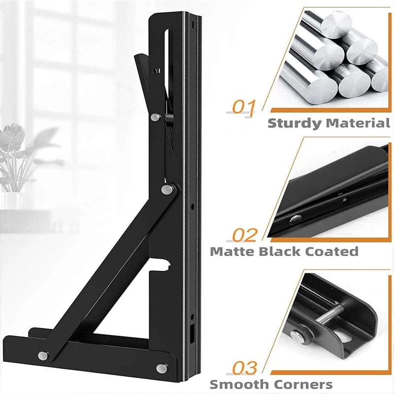 Folding Shelf Brackets, Black or Steel Finish, Pair