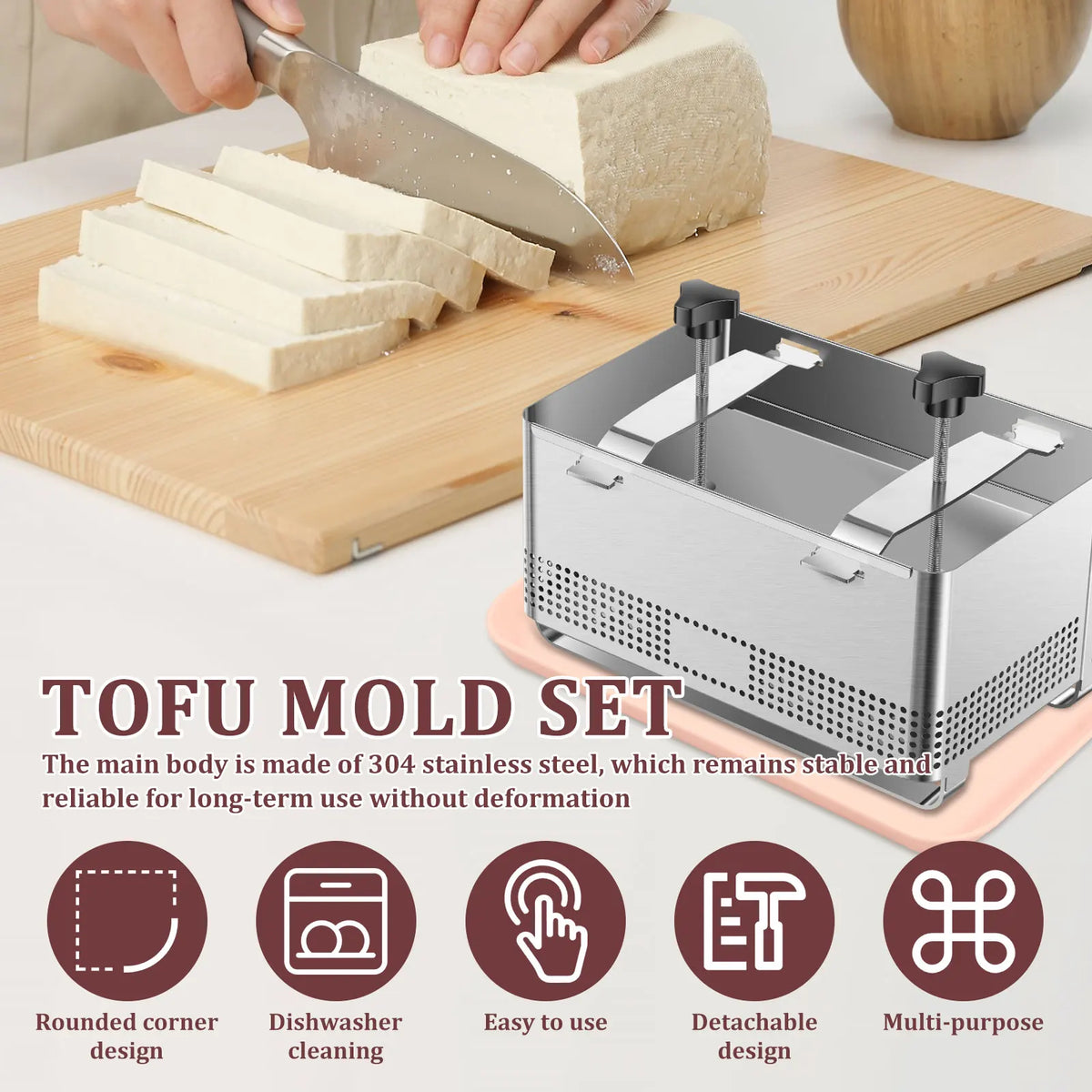 Rozsdamentes acél tofu prés tálcával és kendővel