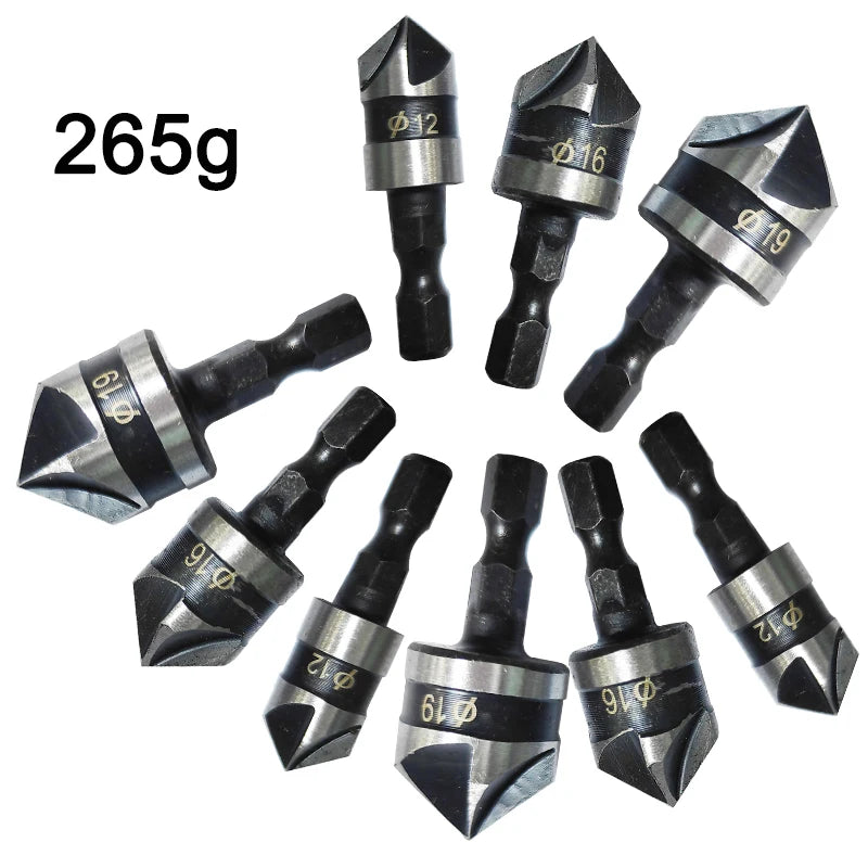 3PC Hexagonal Shank 90 Degree Black Five Blade Chamferer 12/16/19mm Countersink Drill Woodworking Hole Opener Tool Set