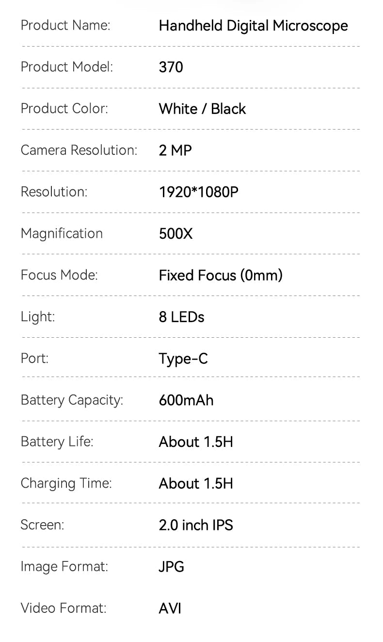 2.0inch 500X Digital Microscope 1080P Video Coin Microscopio with Magnifying Glass Wiht 8Leds for Electronics Repair Windows/Mac