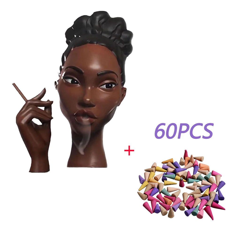 NEW Head Incense Burner Black Women Face Resin Incense Holder With 60Pcs Incense Cones for Bedroom Office Home