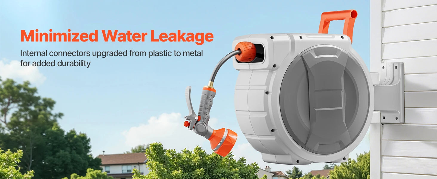 SucceBuy Retractable Garden Hose Reel - nástěnný navíjecí naviják na hadici do zahrady, těžký, s 9-pattern tryskem, otočný 180°, držák se otáčí.
