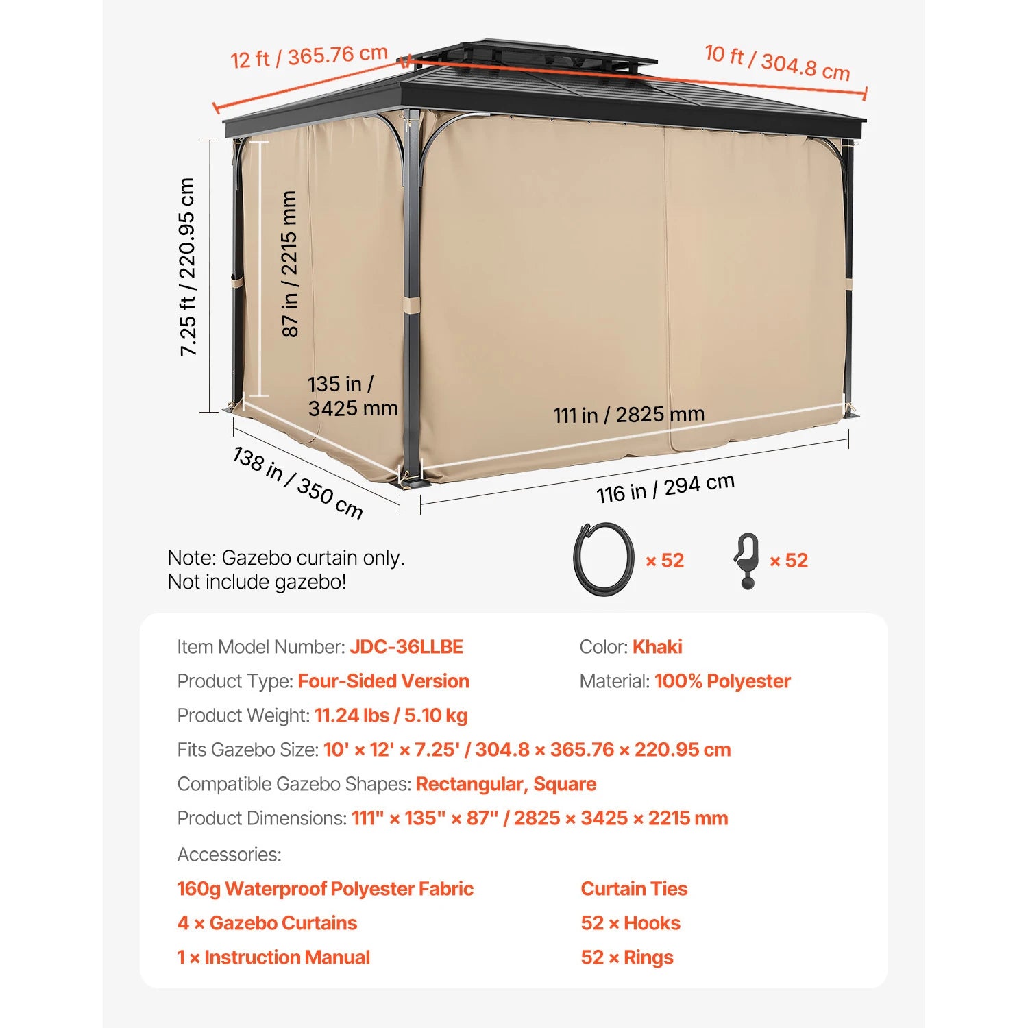 SucceBuy Gazebo Gardiner 4-panel sidevæg gazebo privatlivsgardiner med lynlåse universel solskærm gardiner erstatning til terrasse