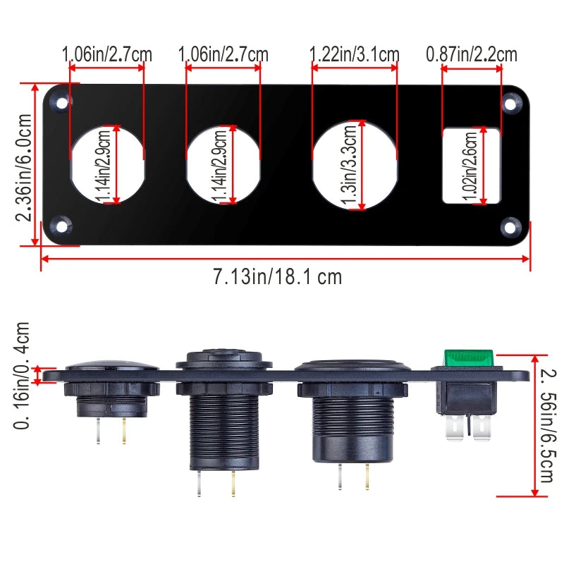 12V Cigarette Lighter Socket 4 in 1 Waterproof Car Dual QC3.0 USB Outlet Panel for RV Marine Boat Power Socket Charger Socket