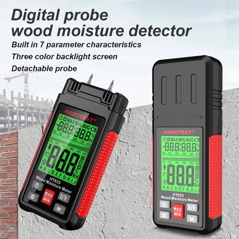 Wood Moisture Meter, Digital Humidity Meter with 3 Colours Backlit LCD,Moisture Meter Detector for Walls,Logs,Firewood,Building