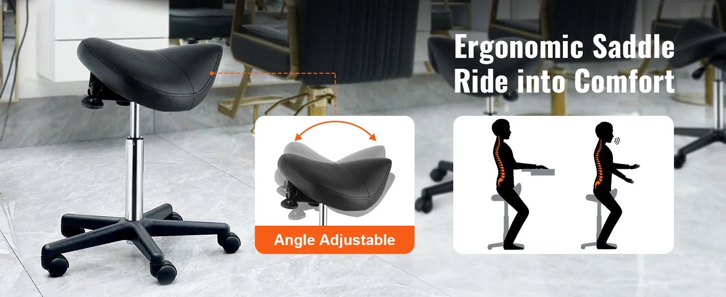 SucceBuy Ergonomic Saddle Stool w/ 5 Swivel Casters 360° Rotation 20.1-28 in Height Adjustable Round Stool for Bar Salon Office