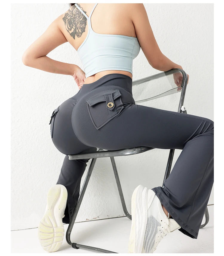 Solid Color Butt Lifting Gym Fitness Pants High Waist Flared Yoga Leggings for Women