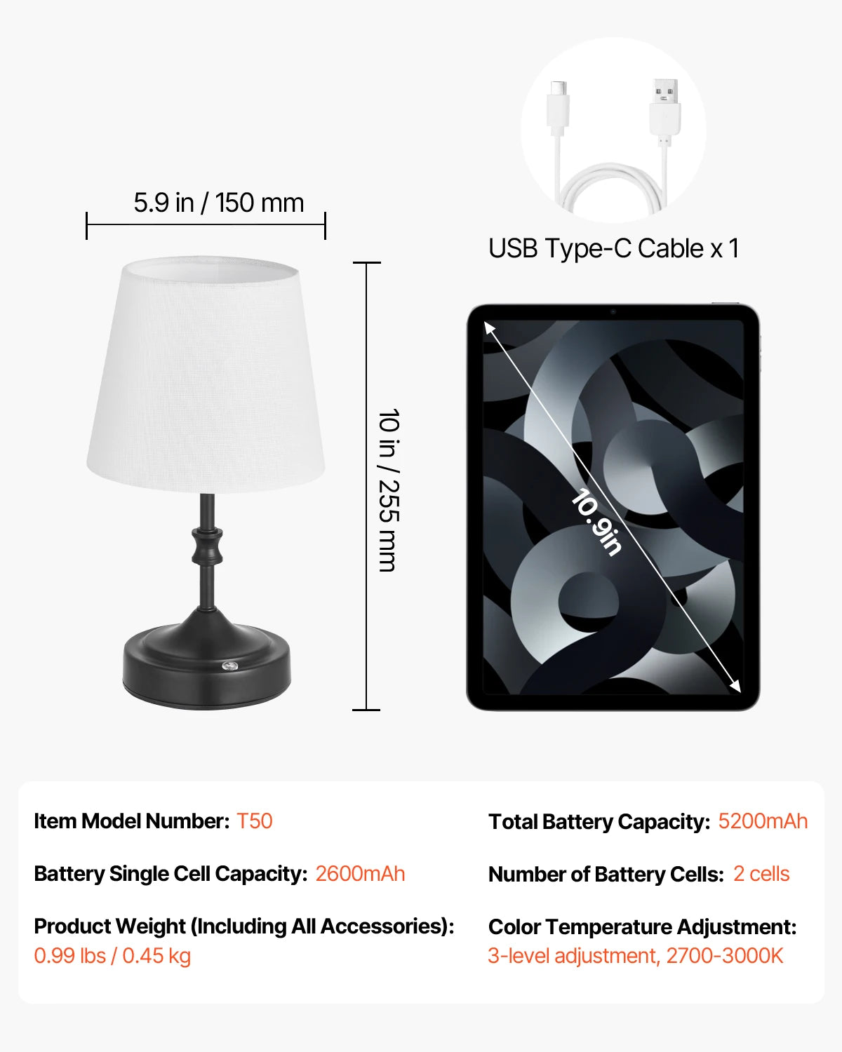 Cordless Table Lamp with Rechargeable Battery & Touch Dimming
