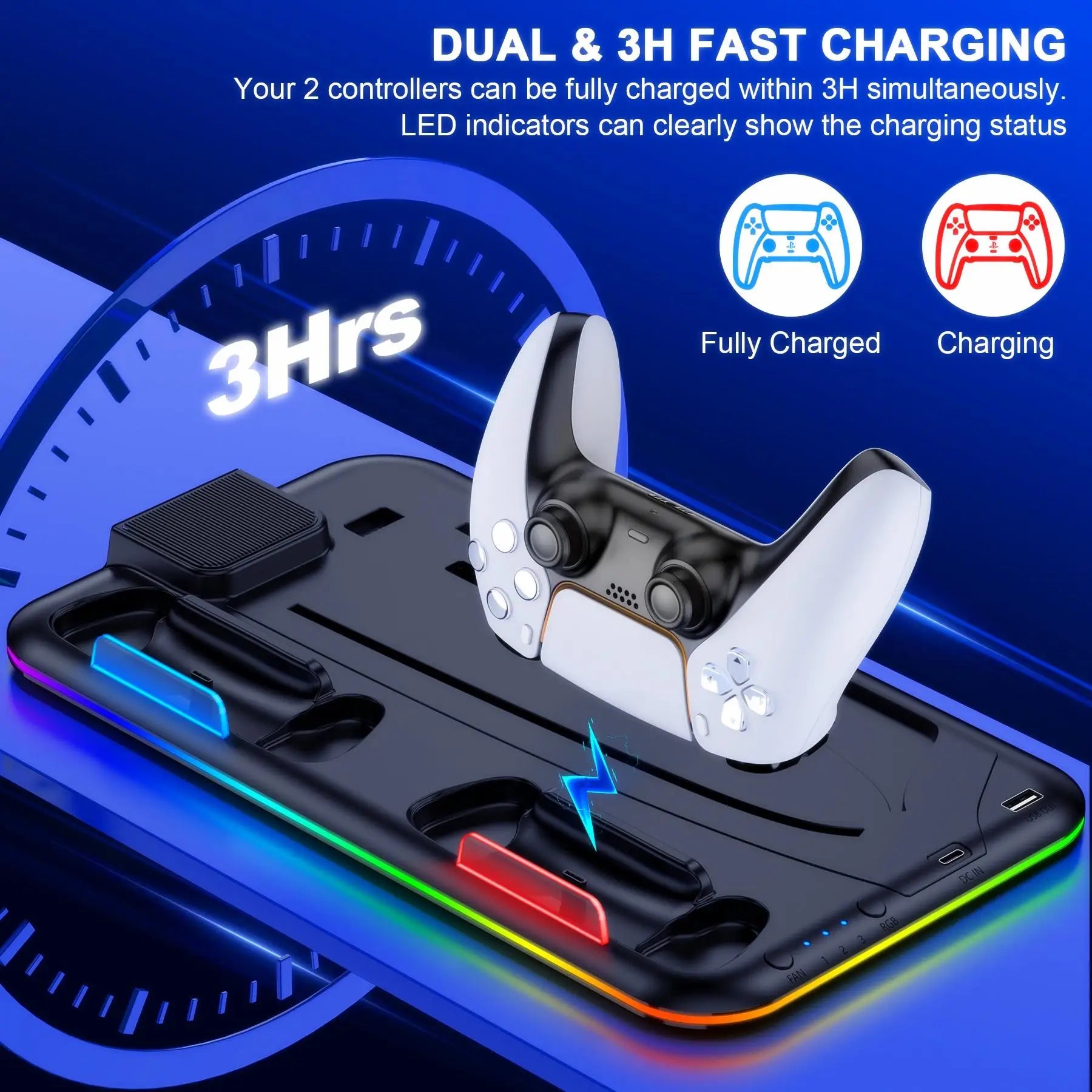 Slim Console Cooling Stand with RGB Light, Dual Controller Charger, 15 Game Slots and Headset Holder