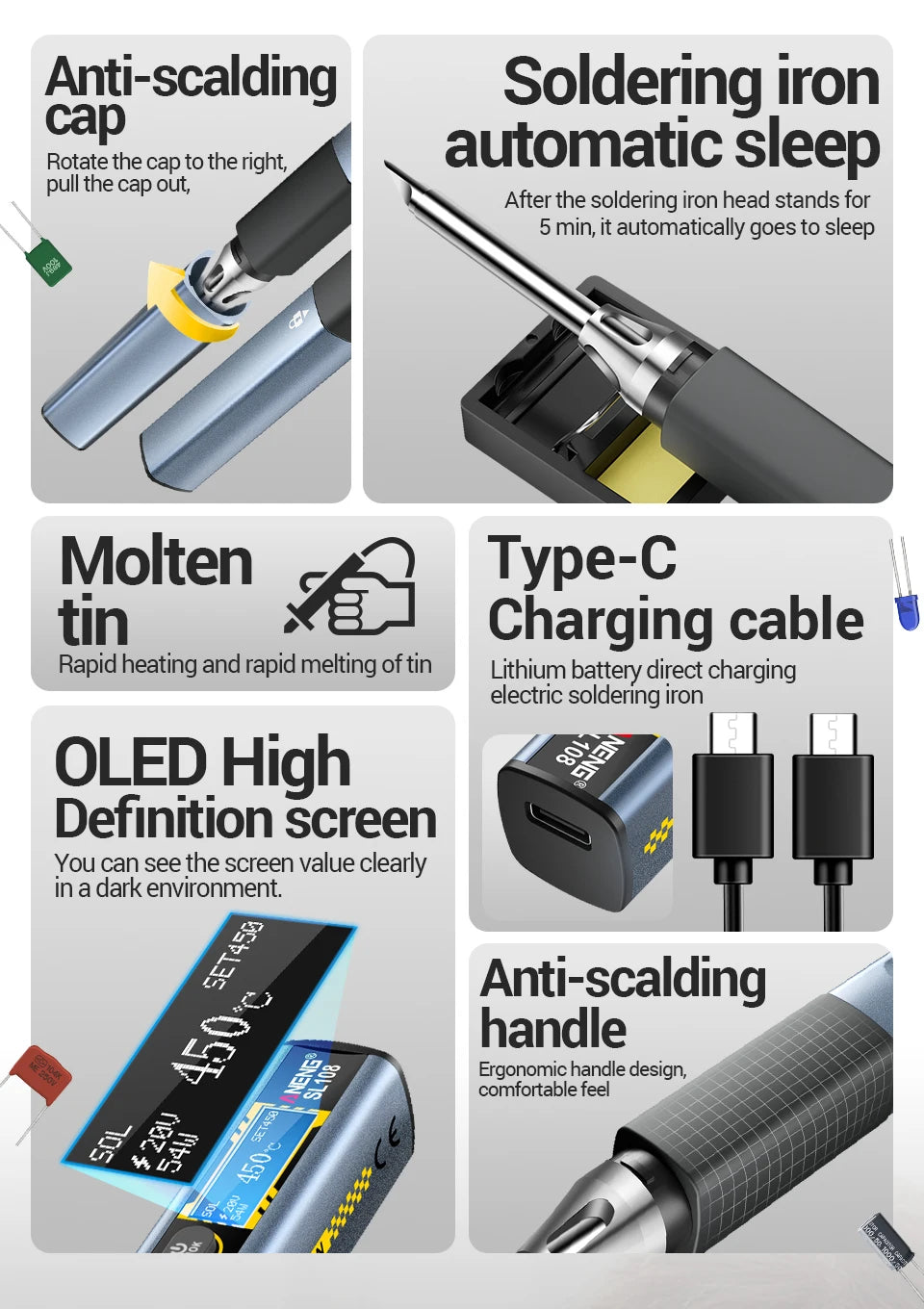 ANENG SL108 Electric Soldering Irons kit PD 96W QC Adjustable Temperature Fast Heat Portable Digital Smart Soldering Iron Tools