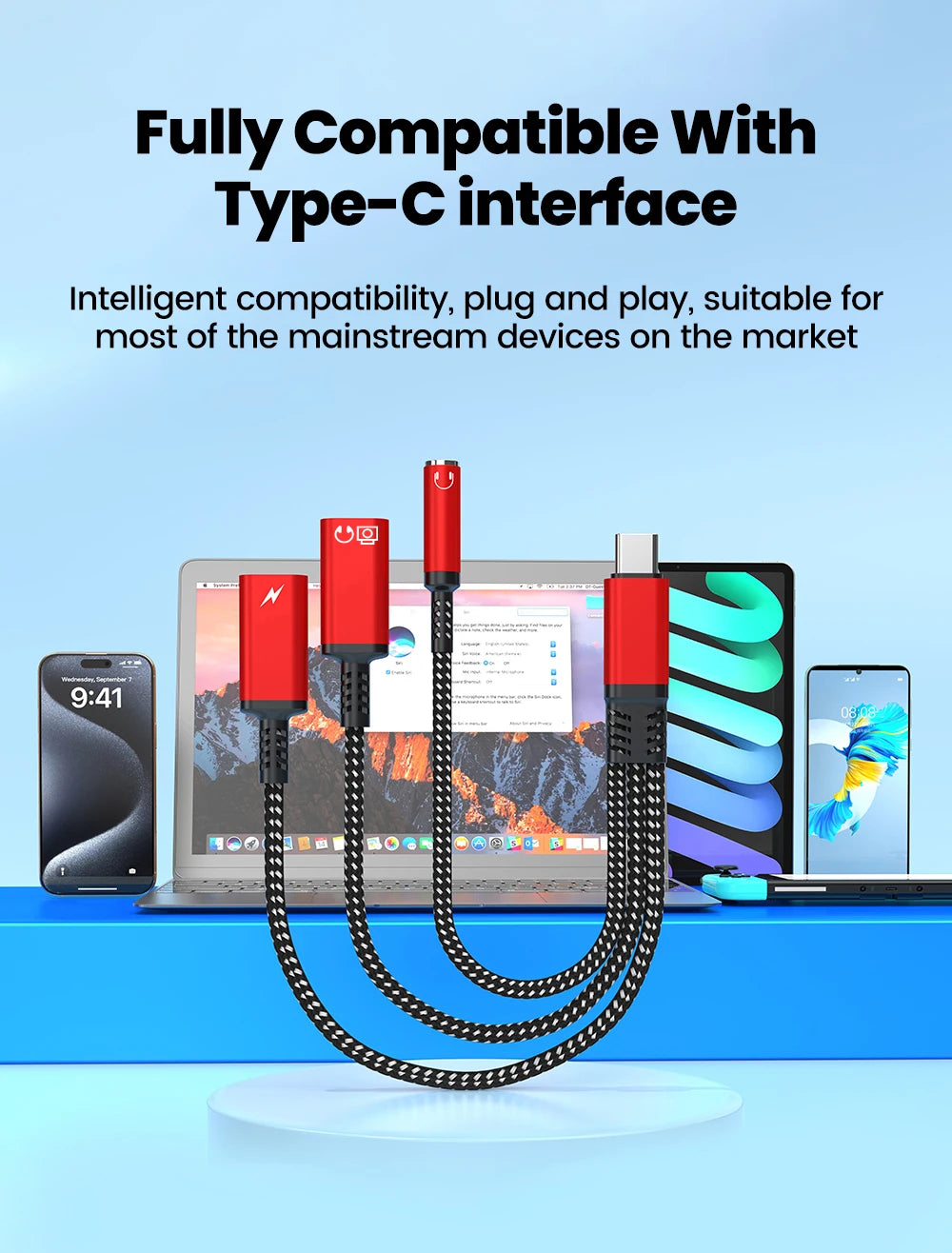 محول صوت وشحن USB-C ثلاثة في واحد