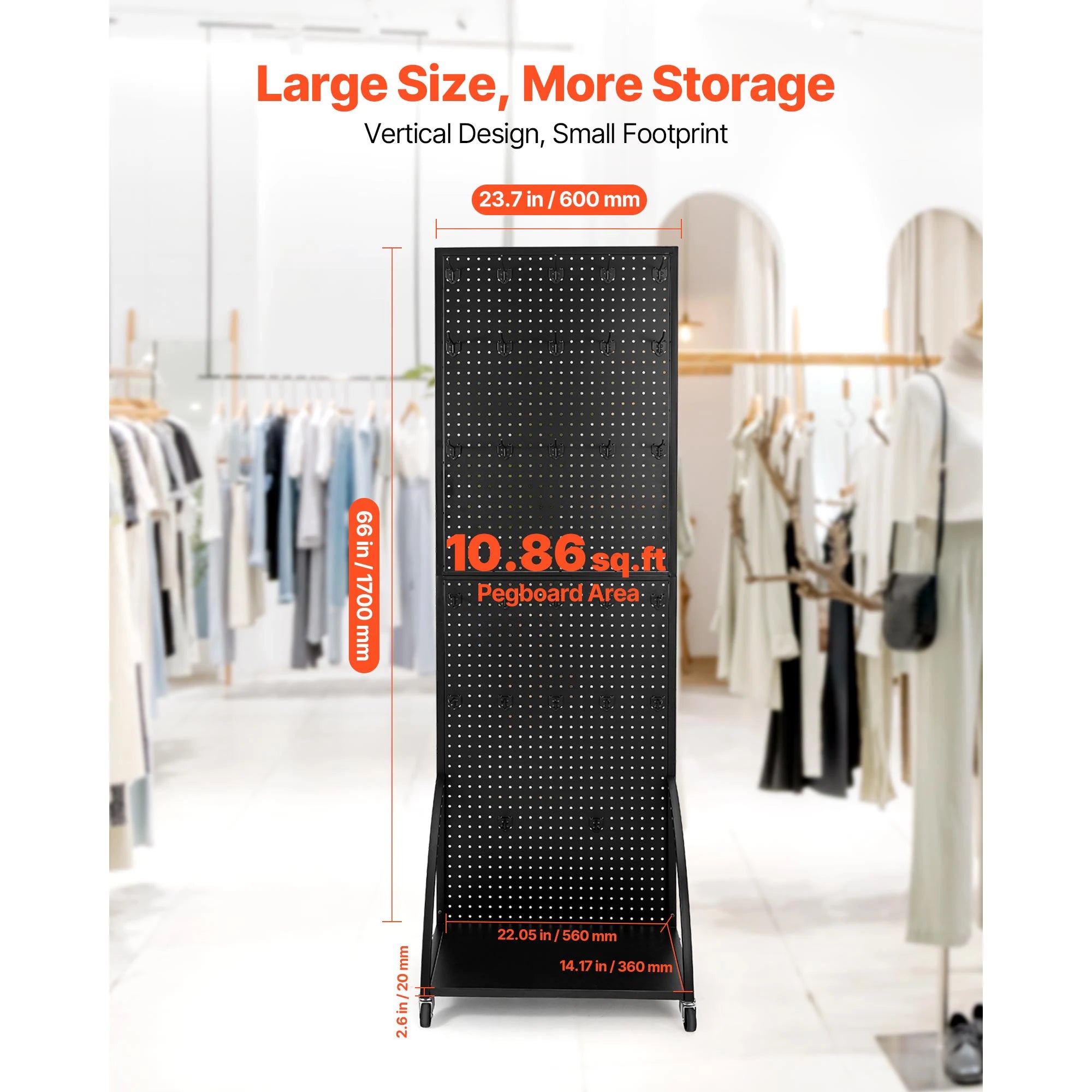 Standing Pegboard Display Rack with Casters & 30 Hooks Steel Panel