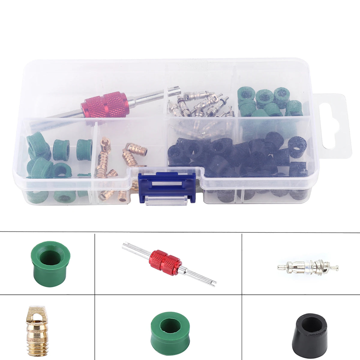 Valvola Kit per condizionatore Kit di riparazione Strumento di riparazione Cuori di valvola Guarnizioni O-ring Valvole Strumenti chiave per valvole