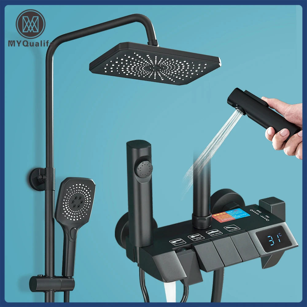 Black Digital Shower Set with Rainfall Head and Hand Shower