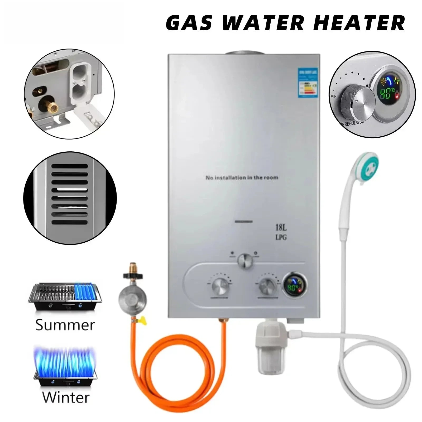 SIHAO 6L 8L 10L 12L 16L 18L LPG Portable Instand Water Heater Propane Gas LPG Wall-Mounted Tankless Water Heater Digital Display