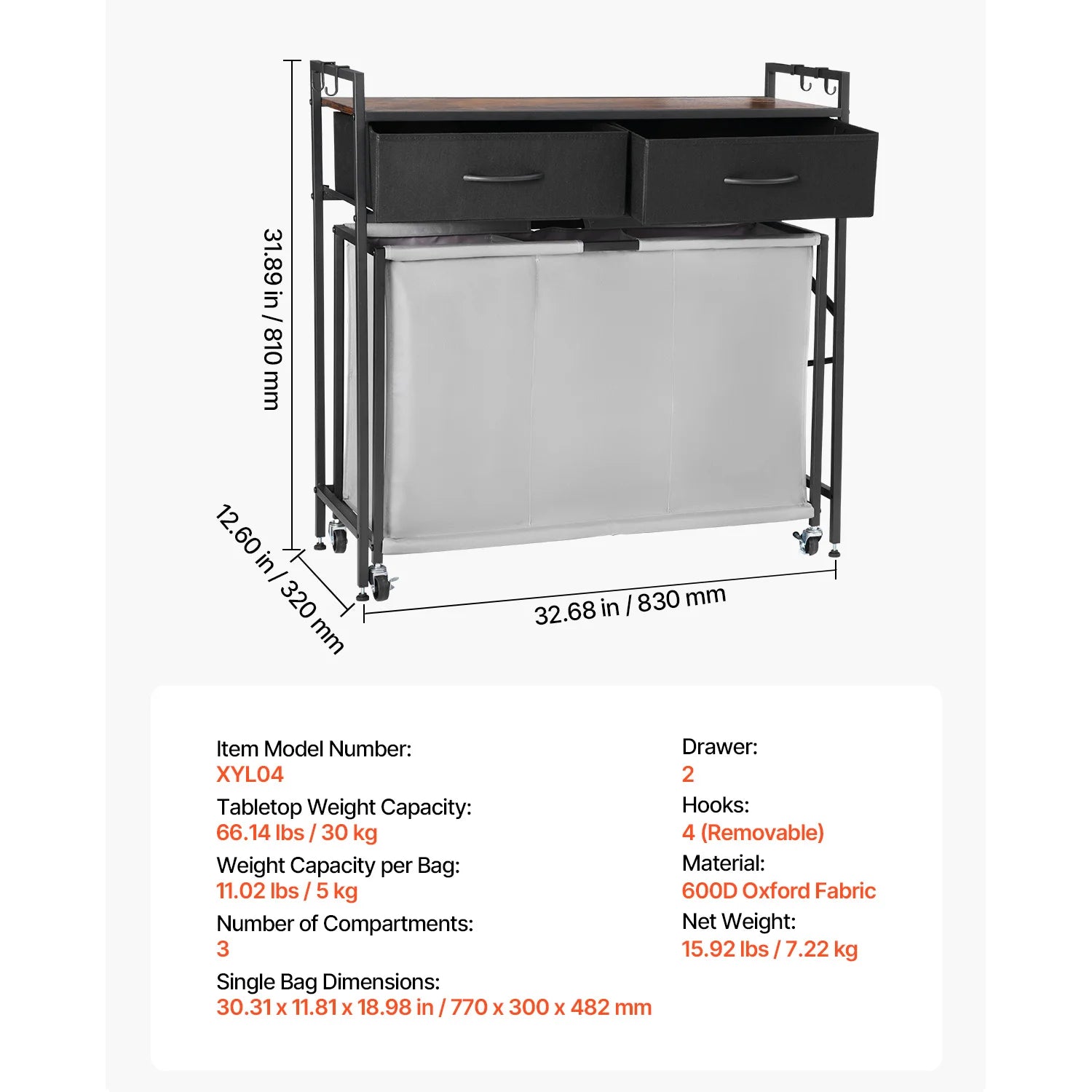 Large Laundry Sorter with Metal Frame & Pull-Out Bags