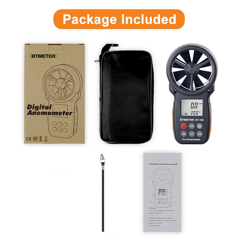 BTMETER Anemometer 0.3-30m/s -10~45℃ 5 Units MAX/MIN/AVG Wind Chill LCD Backlight Auto Off Low Battery Indicator HVAC Tool