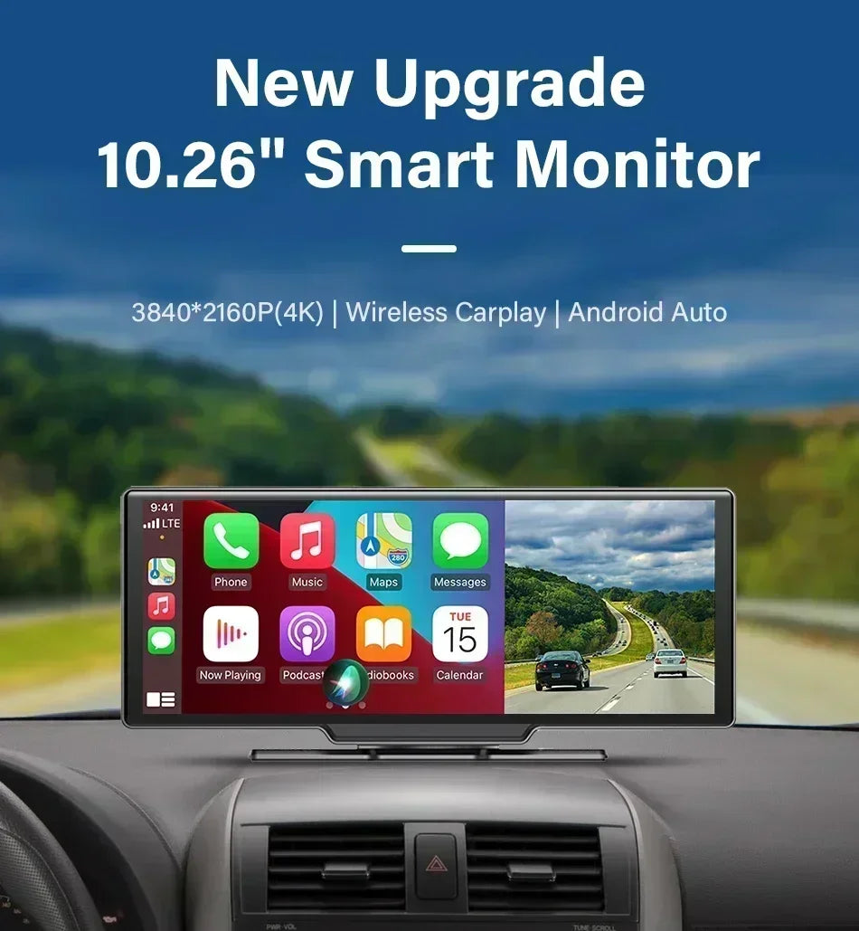 10.26 Inch Dash Cam Rearview Mirror Display with Wireless CarPlay and Android Auto, 4K Front and 1080P Rear Recording