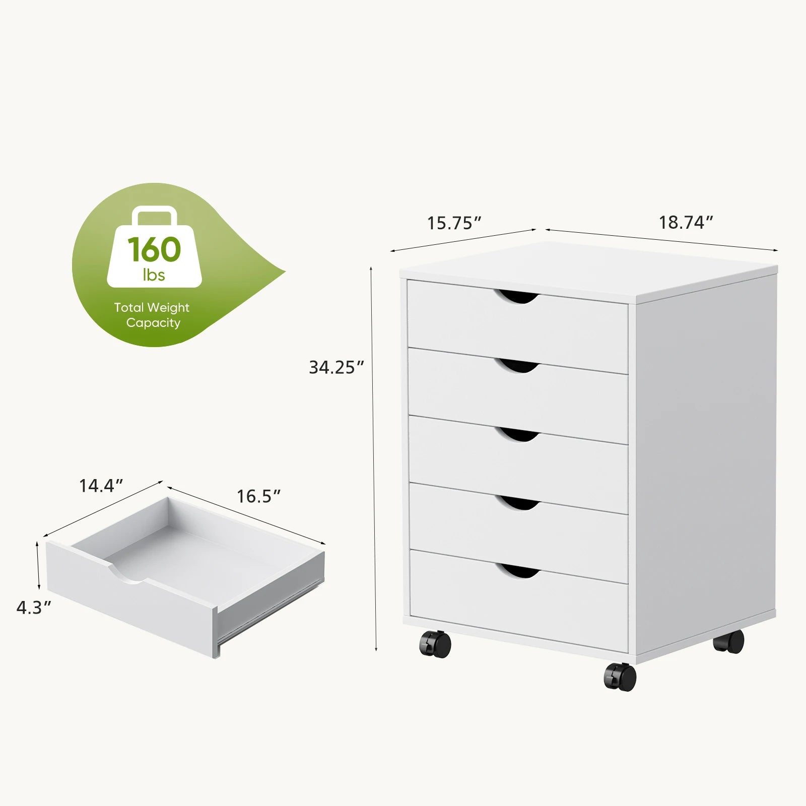 5 Drawer Rolling Storage Cabinet with Wheels Modern Organizer