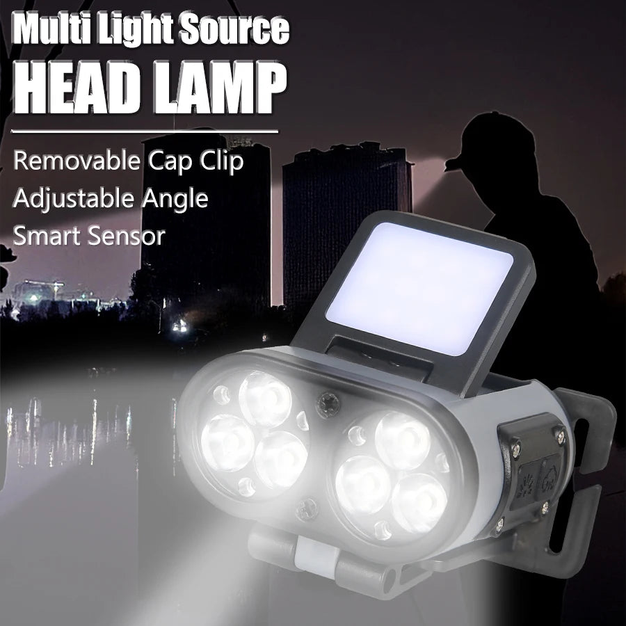 LED Headlamp Smart Sensor Cap Clip Light TPYE-C Rechargeable Flashlight With Power Display Riding Fishing Camping Outdoor Torch