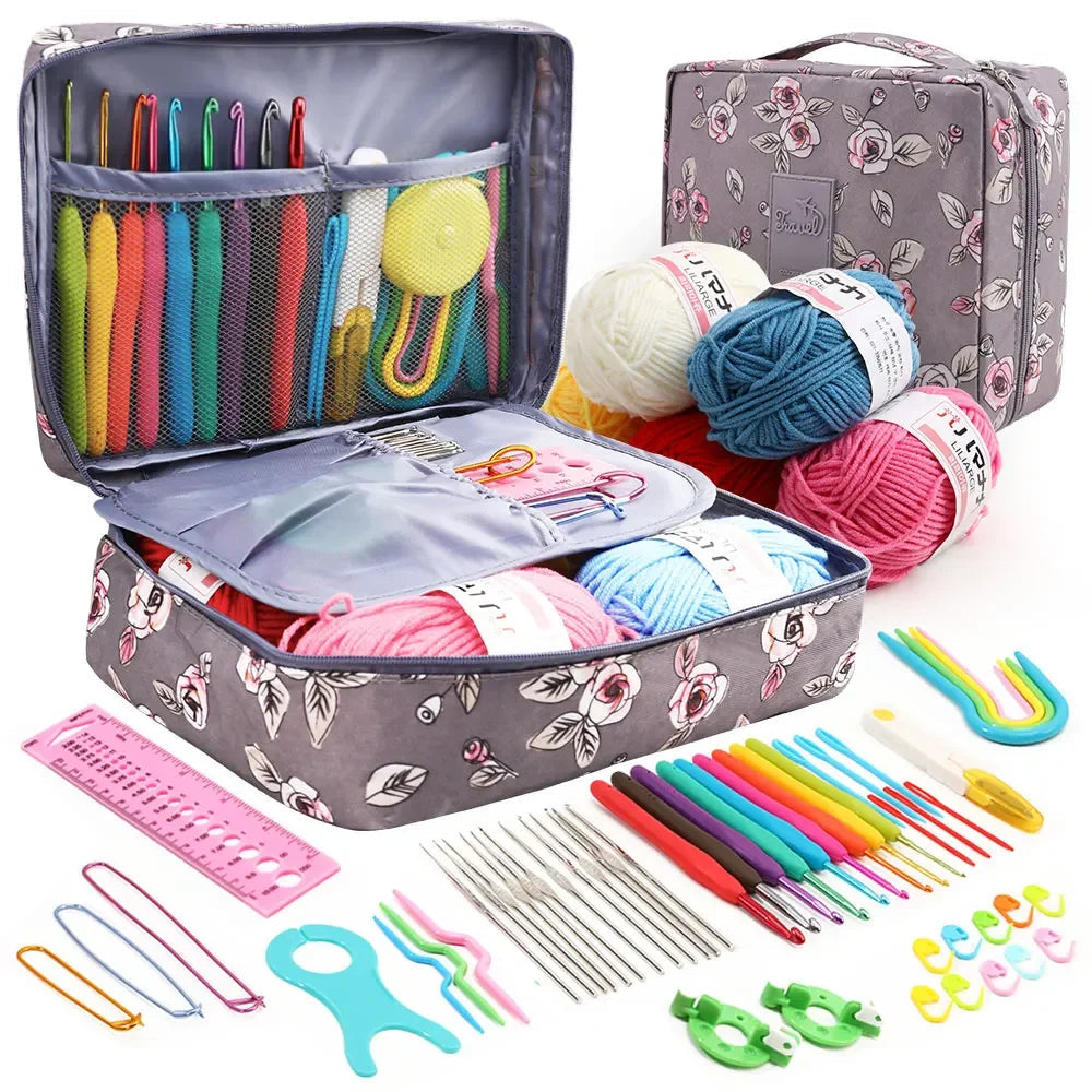 KOVEEN 59Pcs/Set Portable Crochet Knitting Set DIY Beginner Crochet Hook Kit With Storage Bag Material Pack and Storage Tools