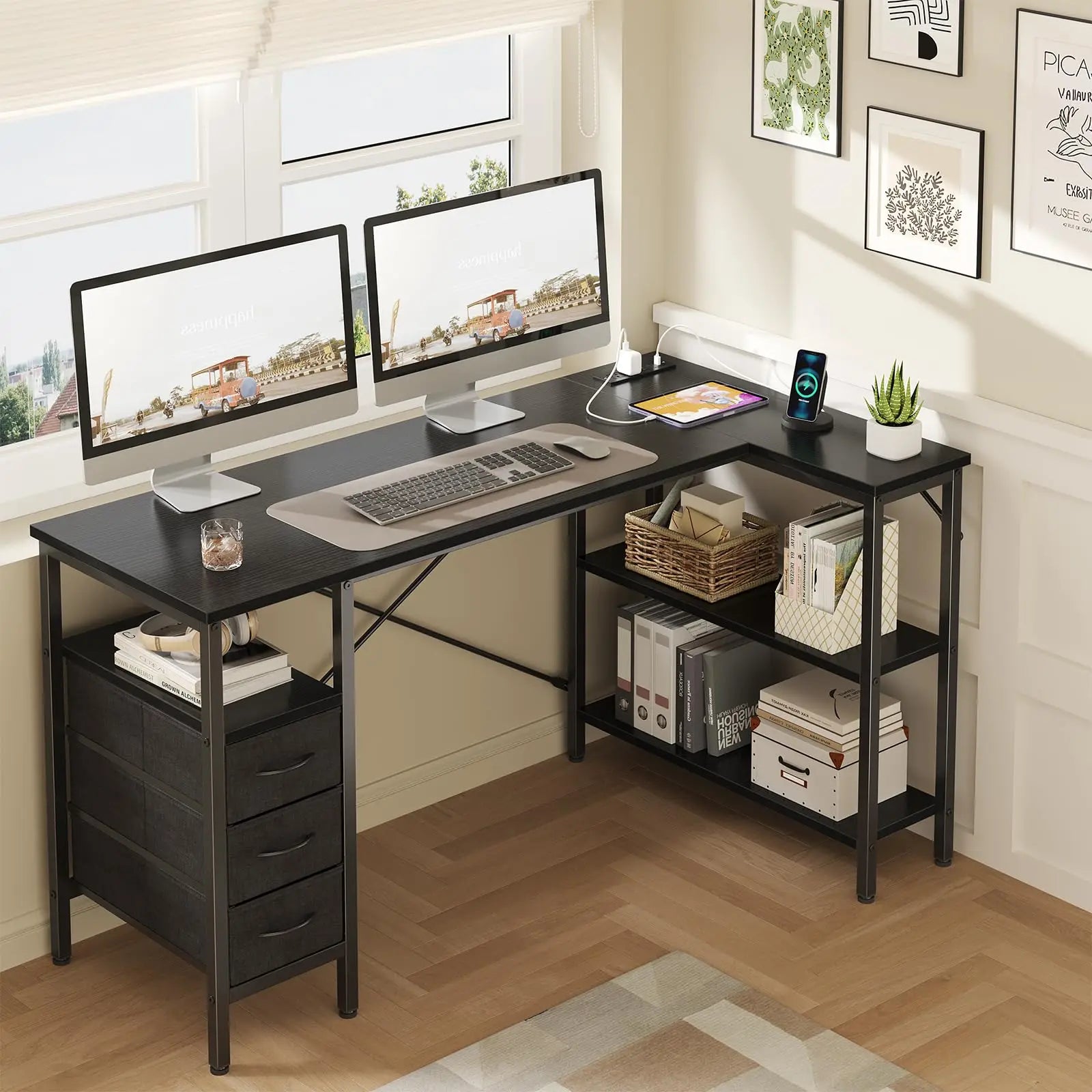 55 Inch L-Shaped Desk with Drawers, Shelves & Built-In Power Outlet
