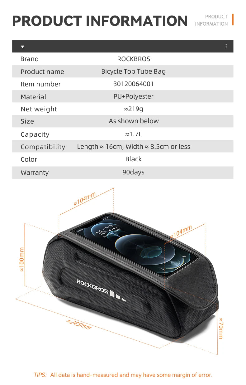 1.7L Waterproof Bike Frame Bag with Touchscreen