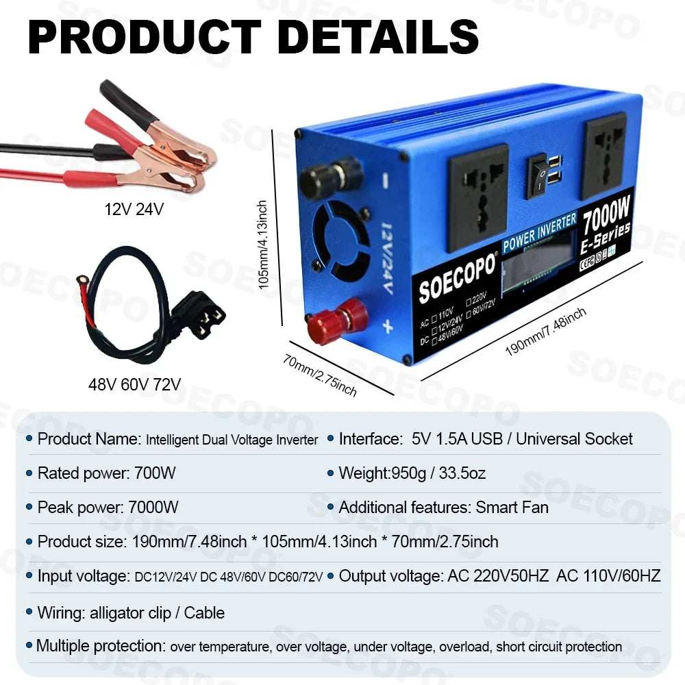 Inverter di Potenza 700W DC a AC 110V/220V con USB e Display LCD