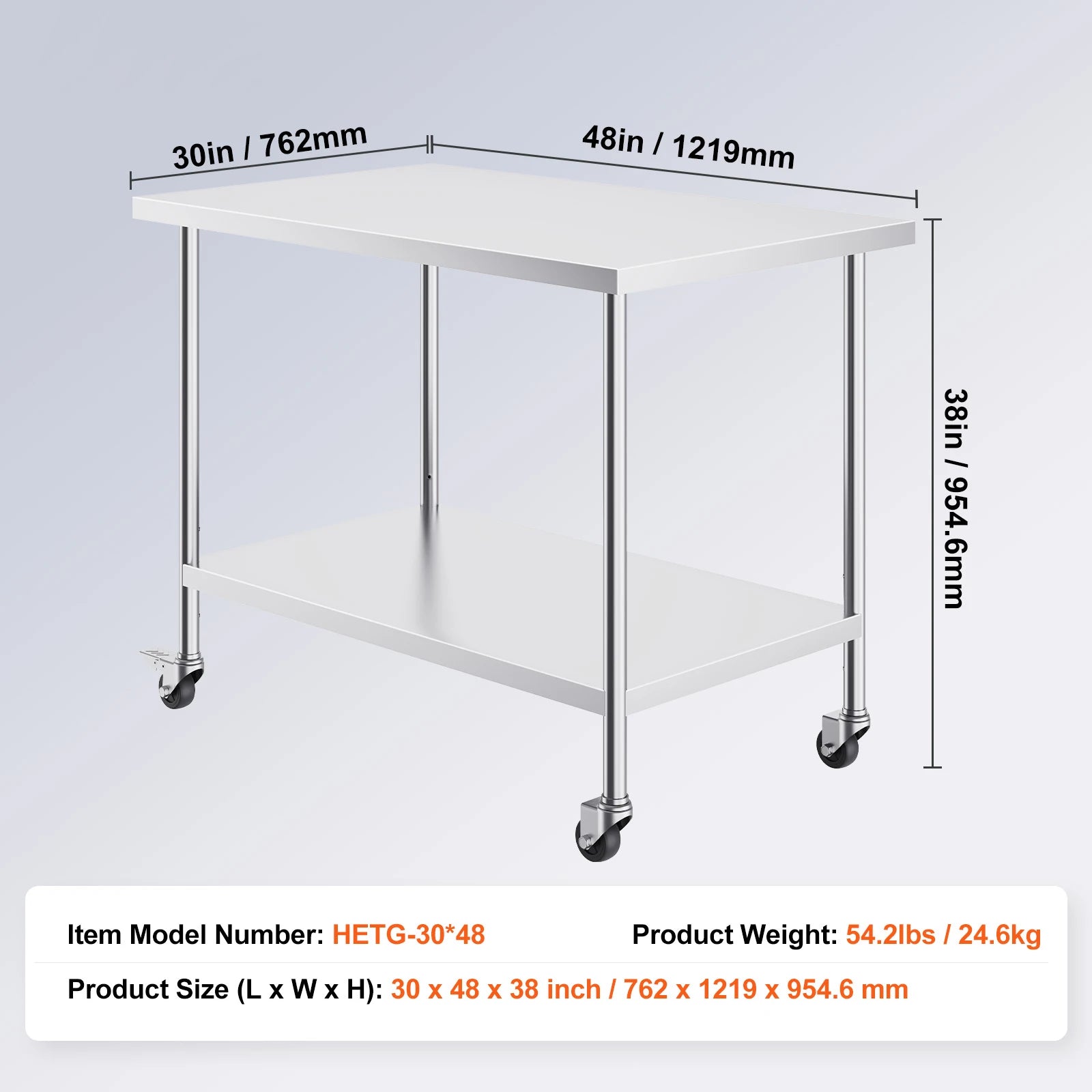 Stainless Steel Work Table with Wheels & Adjustable Shelves