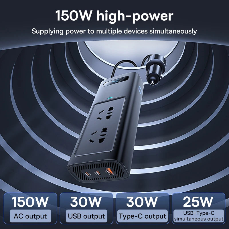 150W Car Power Inverter 12V to 220V EU with USB & Type-C Fast Charging