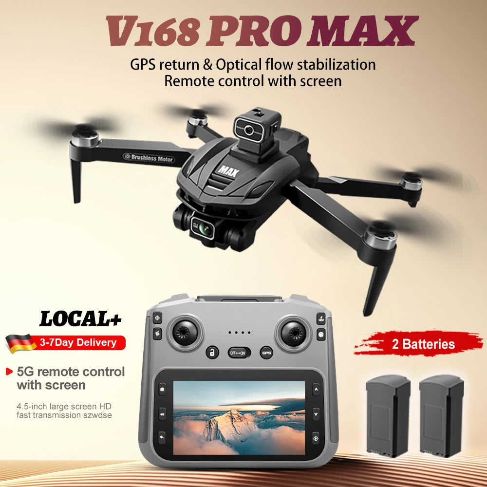 NEW V168 Pro MAX GPS Drone 4K Professional 1080P HD Camera 5G WIFI FPV Drone Brushless Motor 2 Batteries 4.5 Inch Large Screen Remote Control Quadcopter Boys Toys